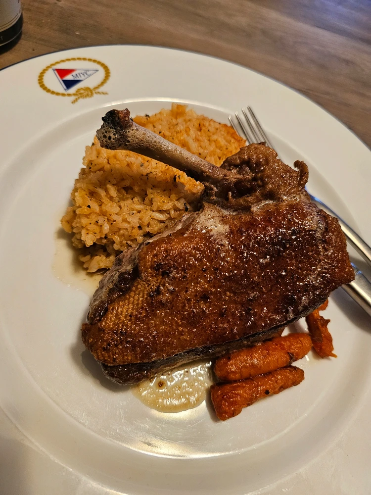 Airline Duck Breast with Annato Oil Jasmine Rice and Roasted Vegetable Medley