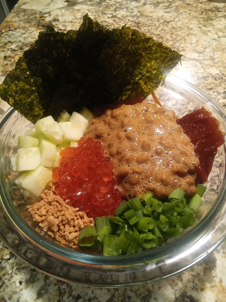 Salmon egg and nato poke bowl