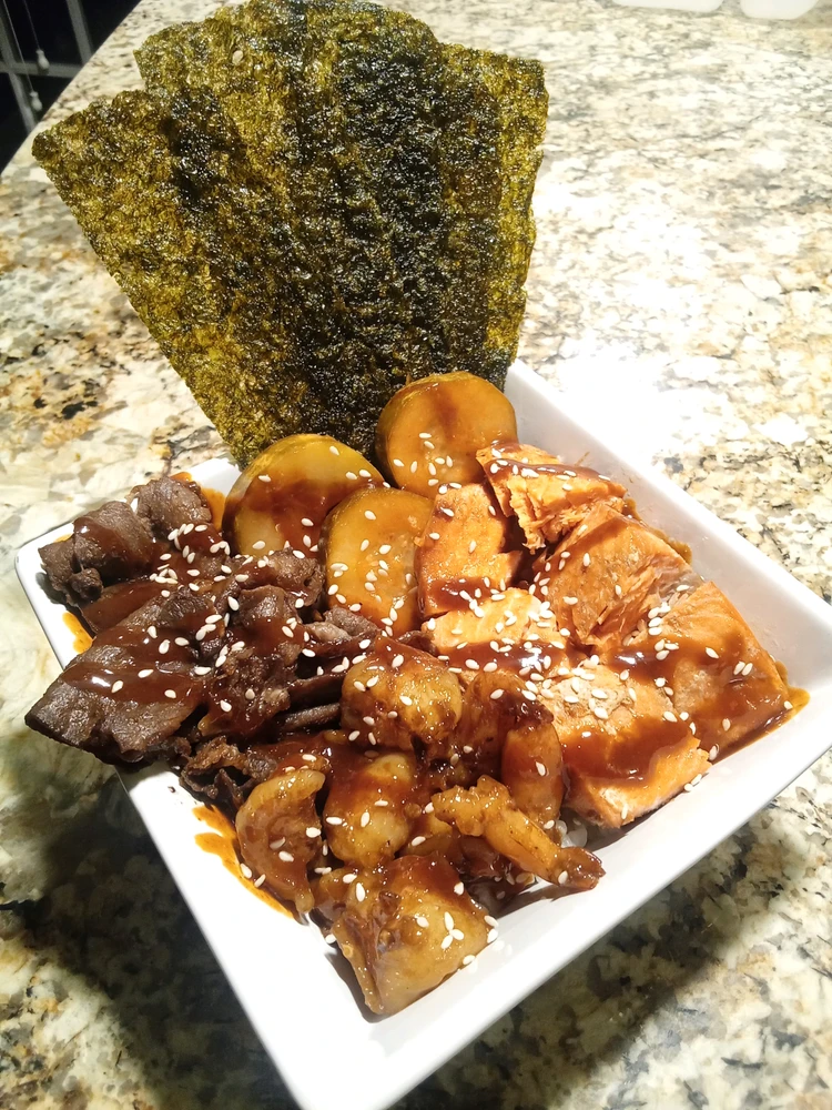 Steak, salmon and shrimp poke bowl