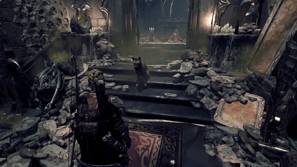 Blond haired, woman player character is standing by a small set of steps. The steps are filled with rotted meat and green gas