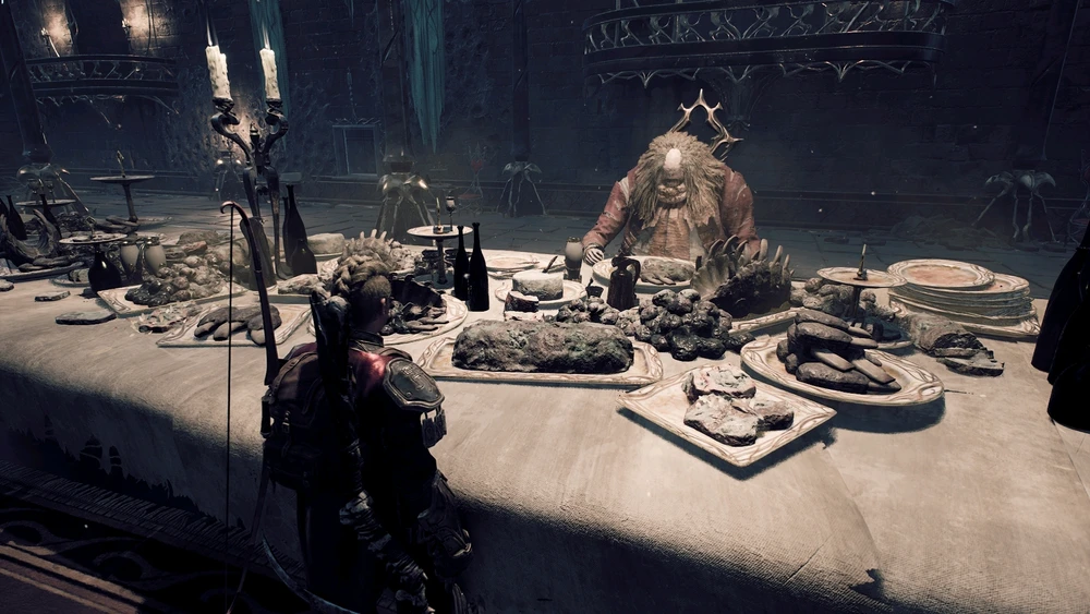Player character by a table full of rotten meat. An odd creature with no eyes sits on the other side of the table.