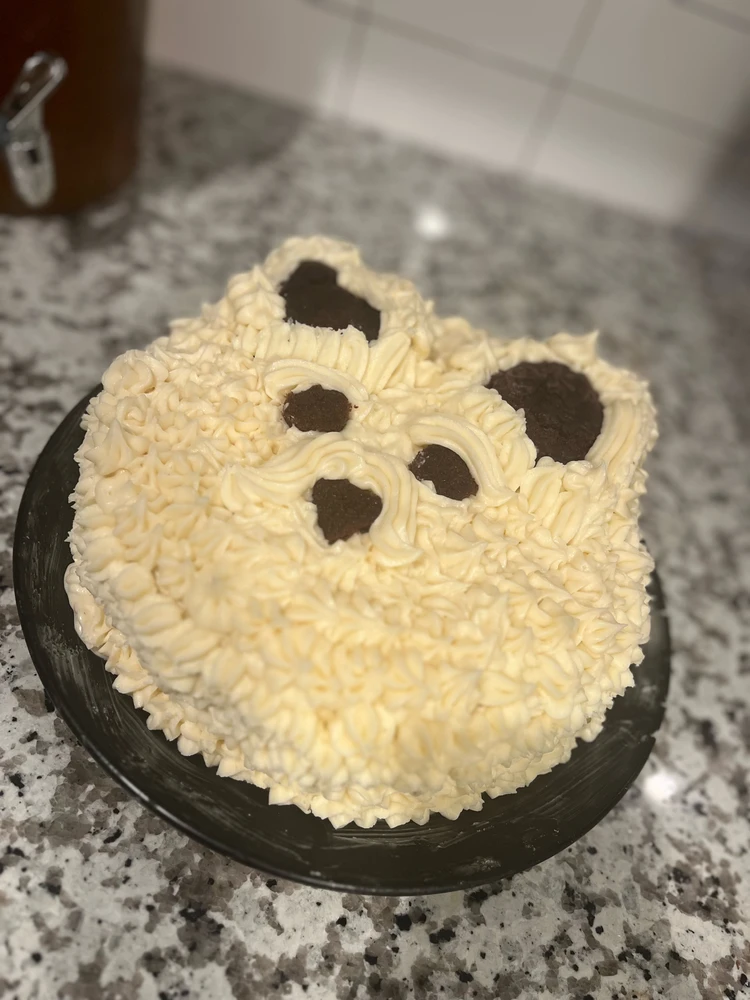 Chocolate cake covered in white frosting made to look like the head of a dog