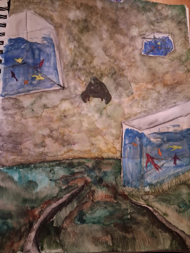 Based on a dream, a fish is gifted from the sky at the end of the world. An aquarium is being destroyed around it.