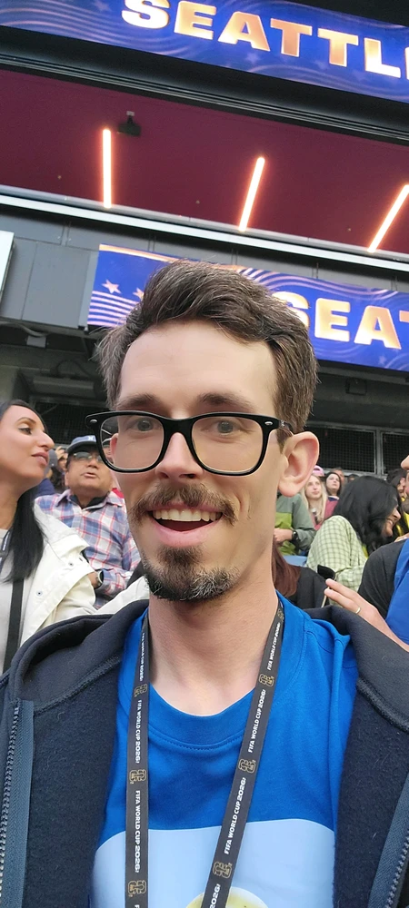 Selfie at the world cup with a crowd behind me