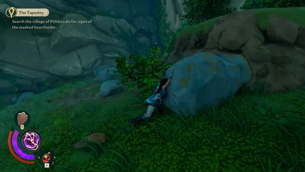 Main character latched onto a stone. Face planted on the rock and her feet dragging behind her on the ground.