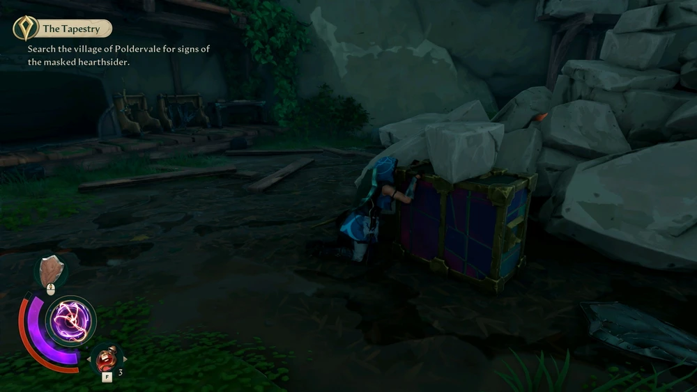 Main character is sitting on both knees on the ground while holding a crate.