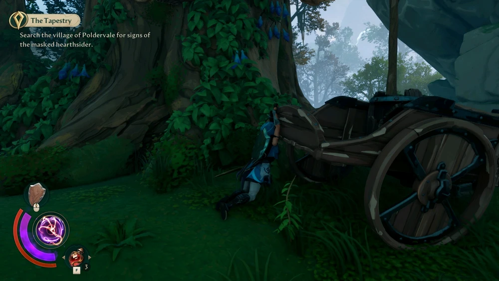 Main character holding on to a two-wheelers cart. Feet dragging on the ground behind her.