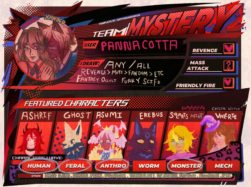 A team mystery art fight. User is pannacotta, 8 character drawn. Friendly fire, mass attack and Revenge accepted. Draws any 