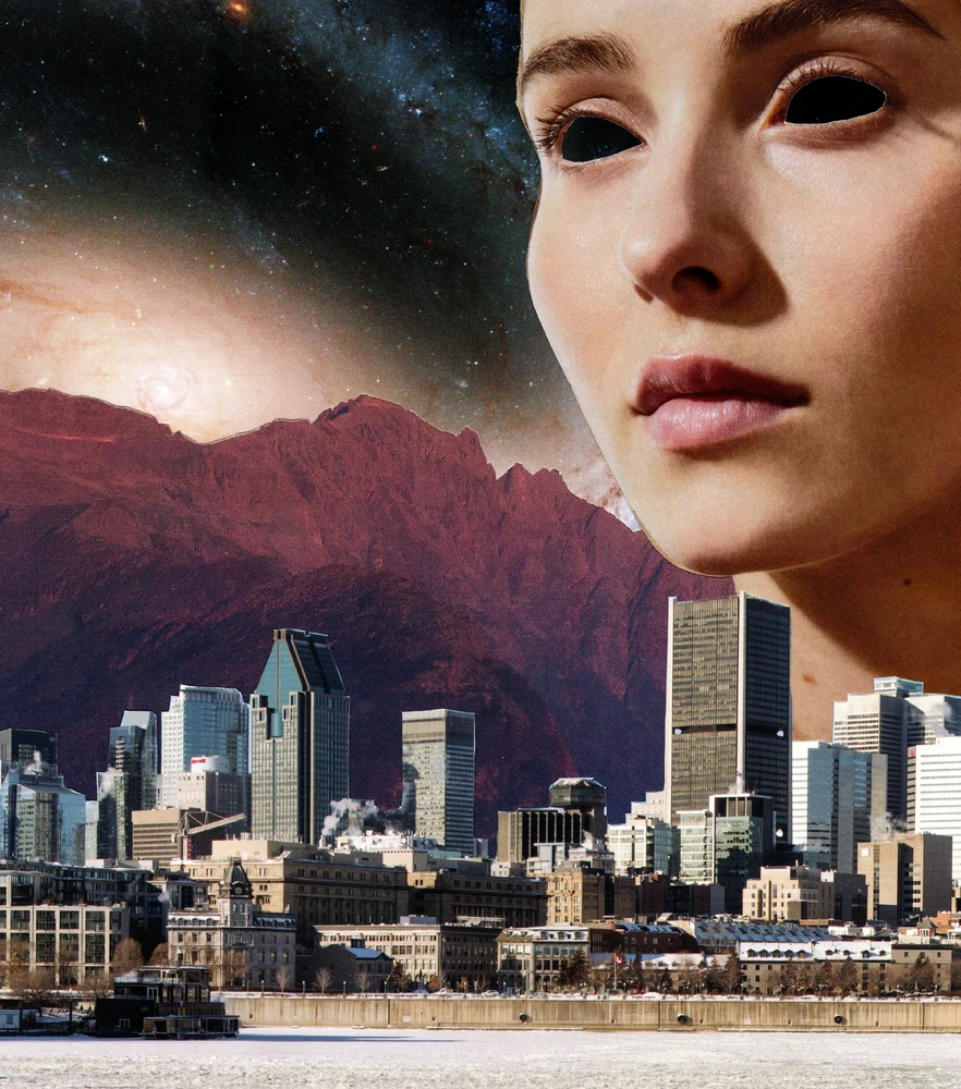 A surrealist analog collage in which a woman without eyes is juxtaposed over a cityscape.