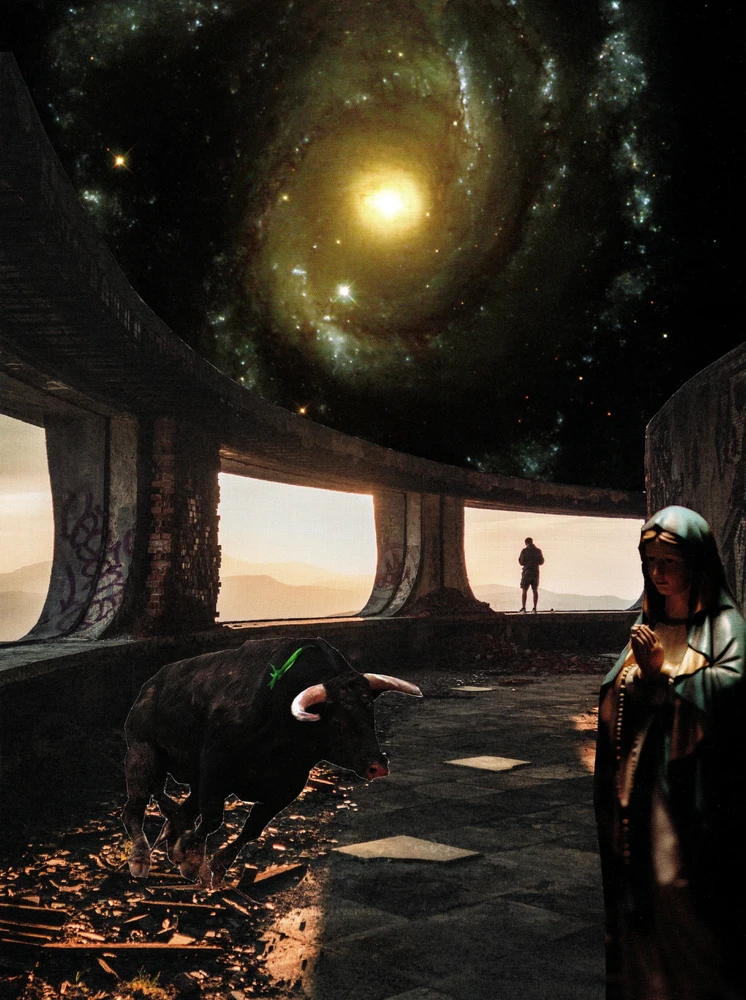 A surrealist collage featuring a statue of Mary in the foreground.