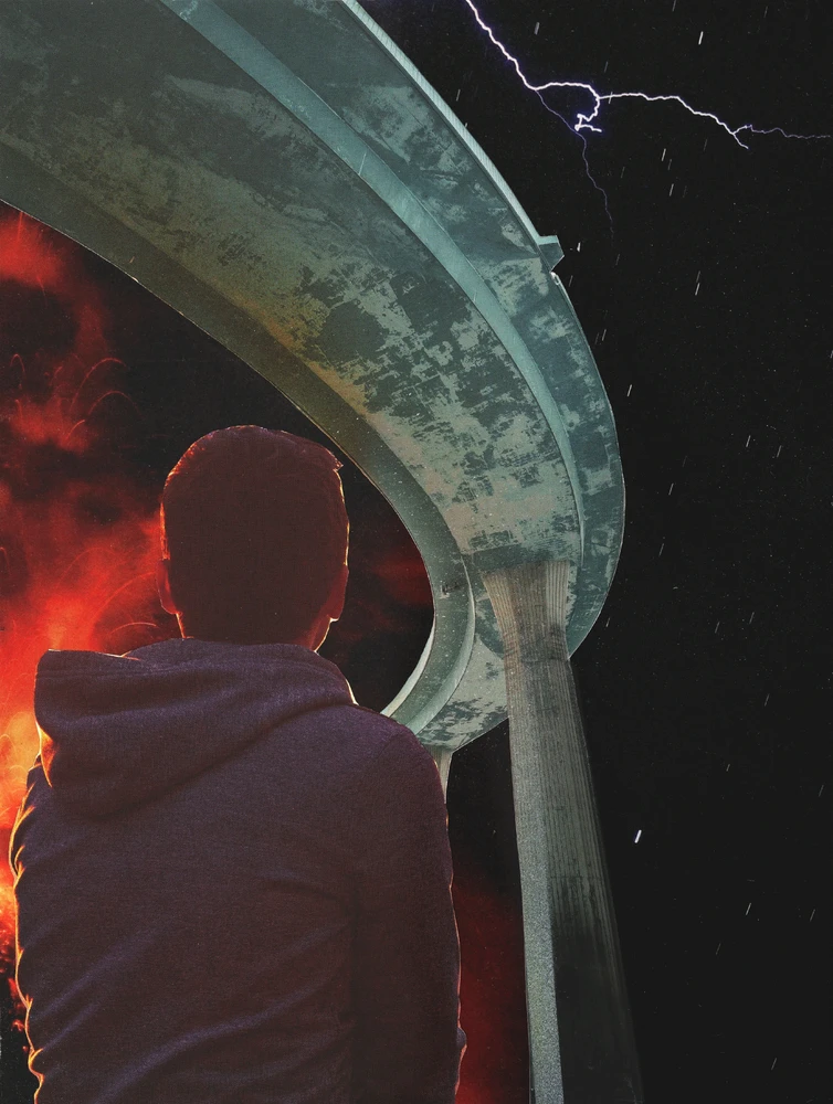 An analog collage depicting a person looking into a blazing cosmos, with a suspended highway overhead.
