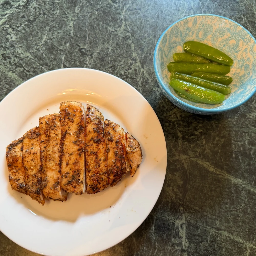 Grilled chicken breast and sugar snap peas