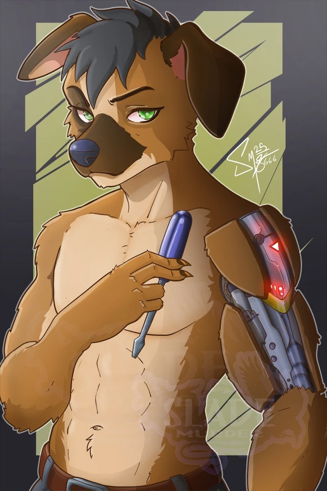 Anthropomorphic cyborg dog portrait.