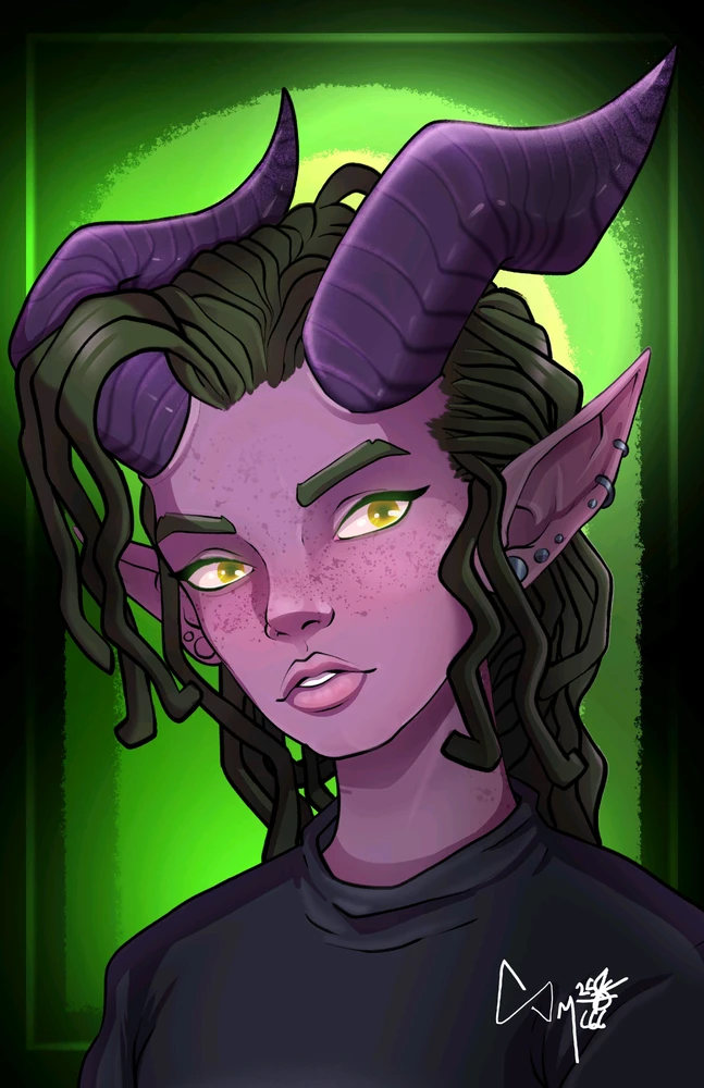 Character portrait of a modern tiefling street artist