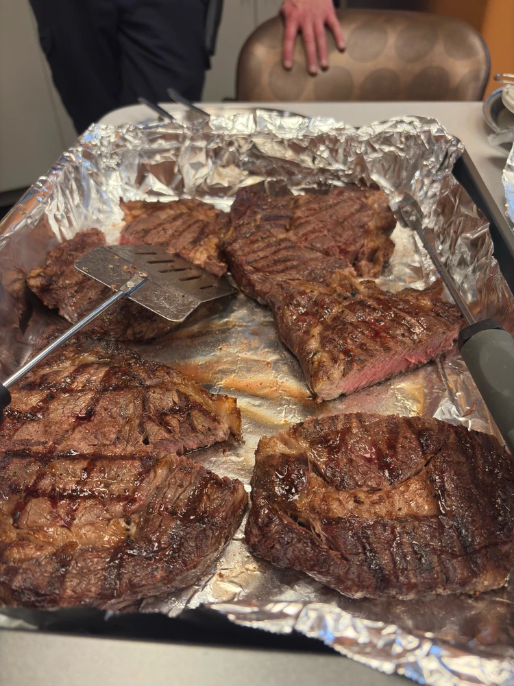 After the sear and roast, steaks had cooked to medium and medium-rare. Sear marks are prominent.