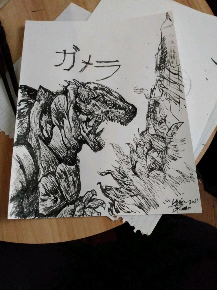 A sketch of the Japanese monster Gamera. Done with a dip pen, Ink well and cardstock circa 2021