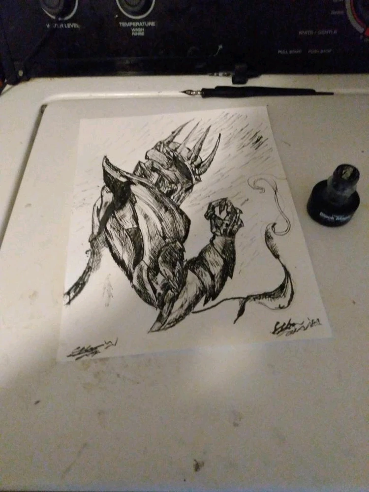 A sketch of the Lord of the Rings character, Sauron done in dip pen and ink on cardstock. Circa 2021