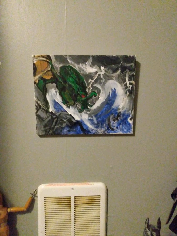 A painting of Cthulhu done in acrylic paint on canvas. Circa 2021