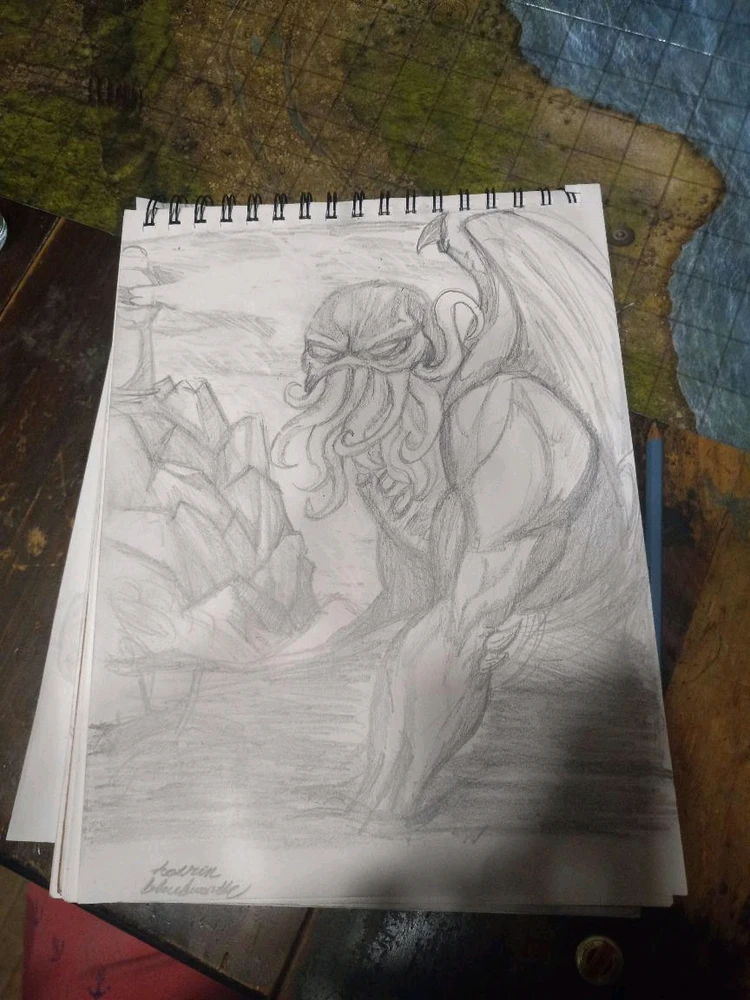 A pencil sketch of Cthulhu. Circa 2025
