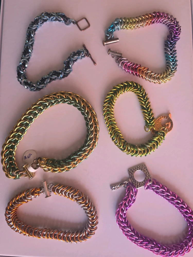 Chain maille bracelets in different weaves and colors