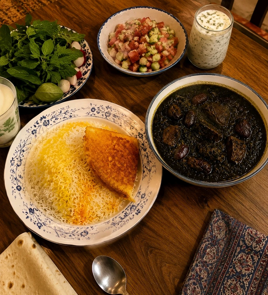 Vegetable Qormeh with Shirazi Salad 