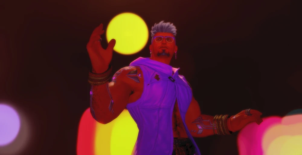 Under neon skies, he owns the dance floor, turning every beat into a spectacle.