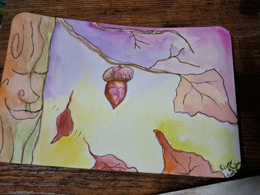 Happy little acorn character in water color